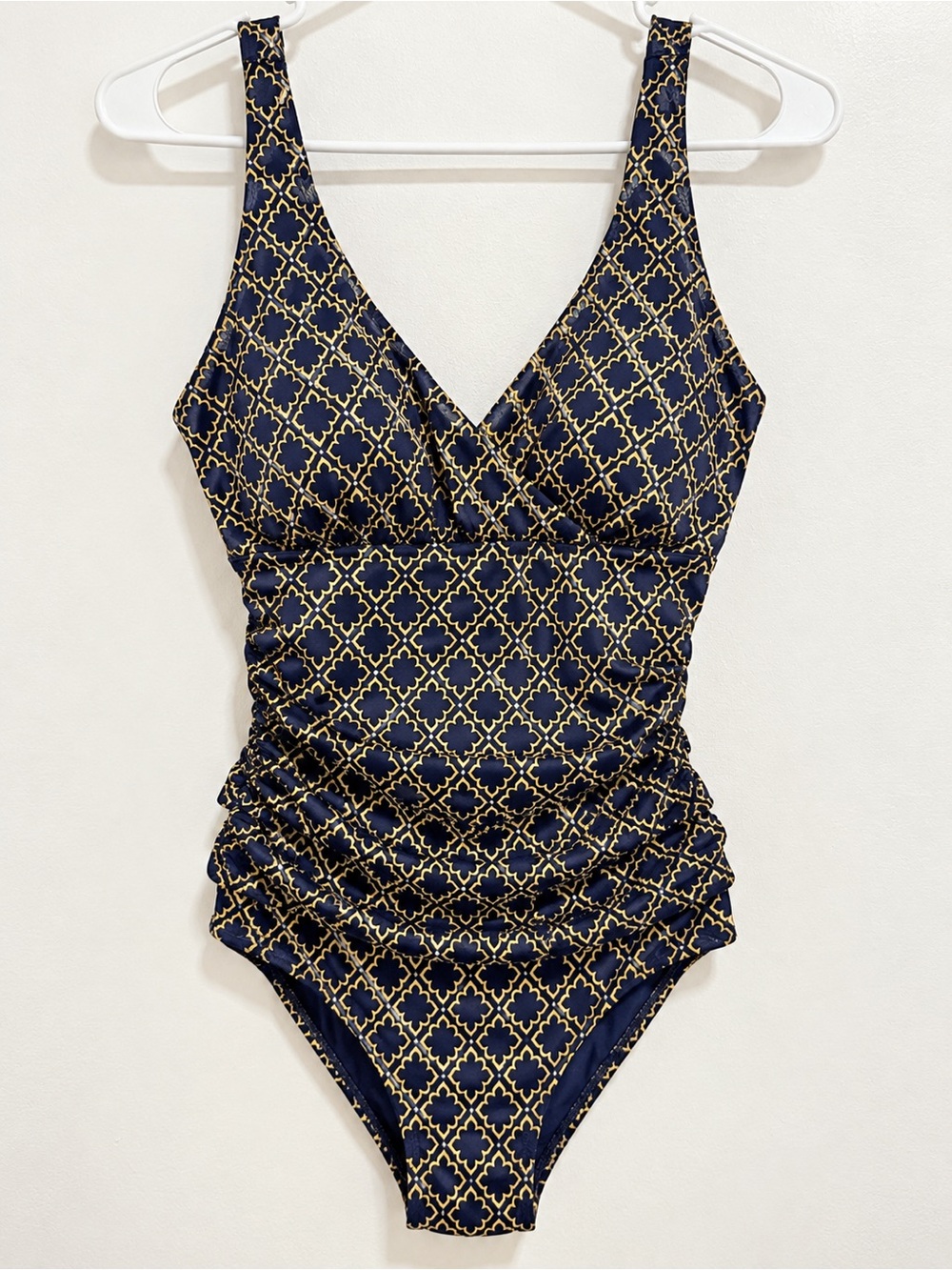 Boden Navy and Gold Geometric V-Neck One-Piece Swimsuit Size 6 Long